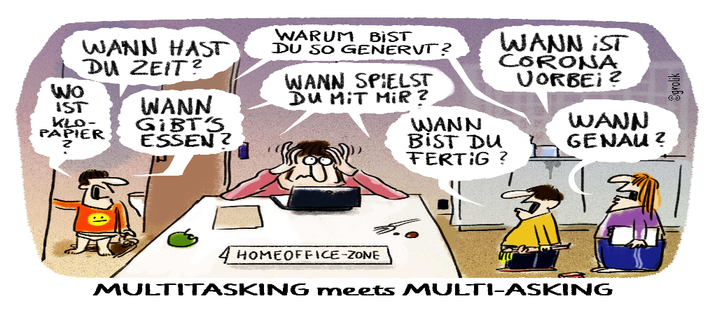 Cartoon: Gestresste Person im Homeoffice, Kinder stellen viele "Wann...?" Fragen in Sprechblasen.